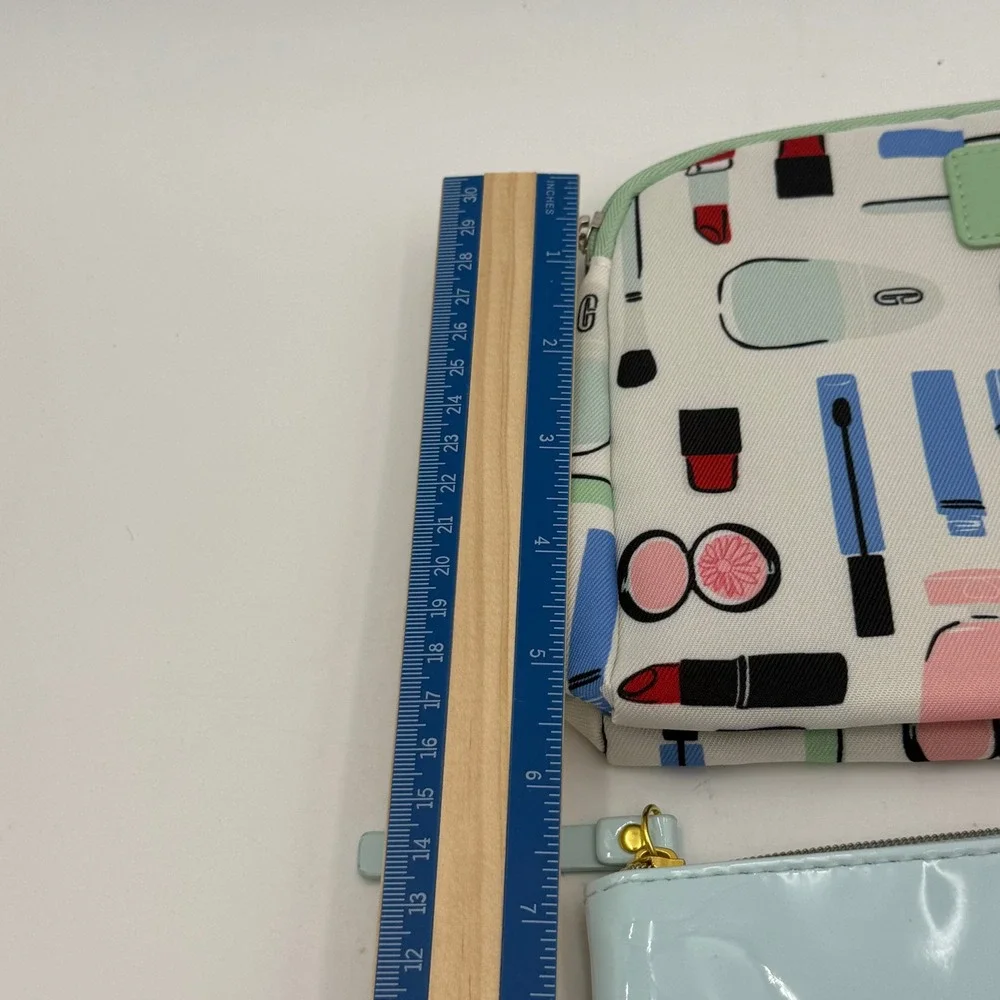Kate Spade x Clinique Makeup Bag Set Blue Patent & Cosmetic Print 2 Piece Pouch